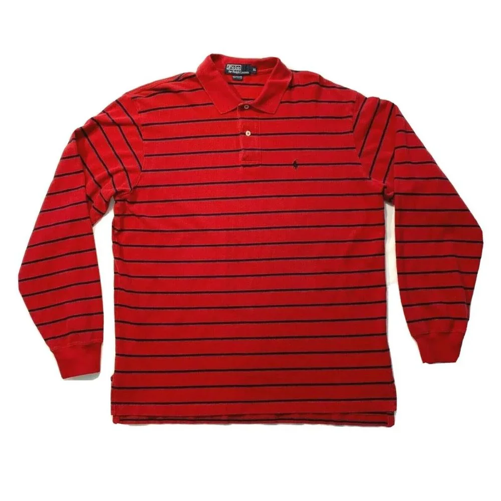 Vintage Polo Ralph Lauren Polo Shirt Long Sleeve Striped Red Black Pony XL EUC‎